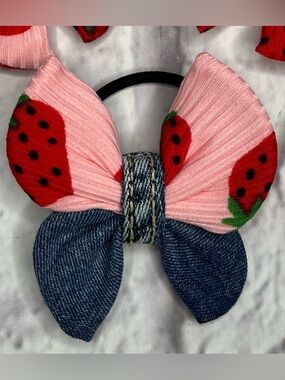 Butterfly Hair Bow Strawberry Print Fabric Hair Accessories upcycled denim